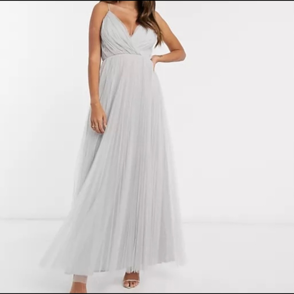 NWT ASOS DESIGN Cami Pleated Tulle Maxi Dress in Grey 12